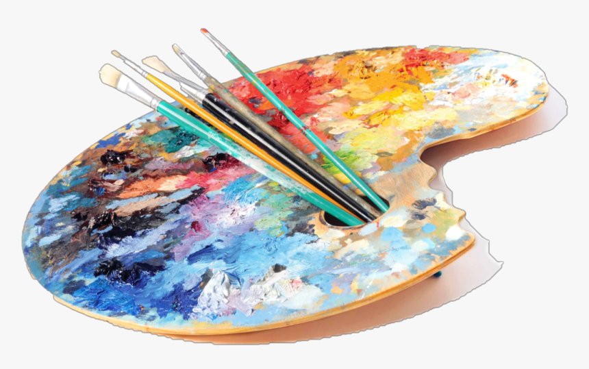 Paint brushes with paints and palette on bright background Stock Photo -  Alamy