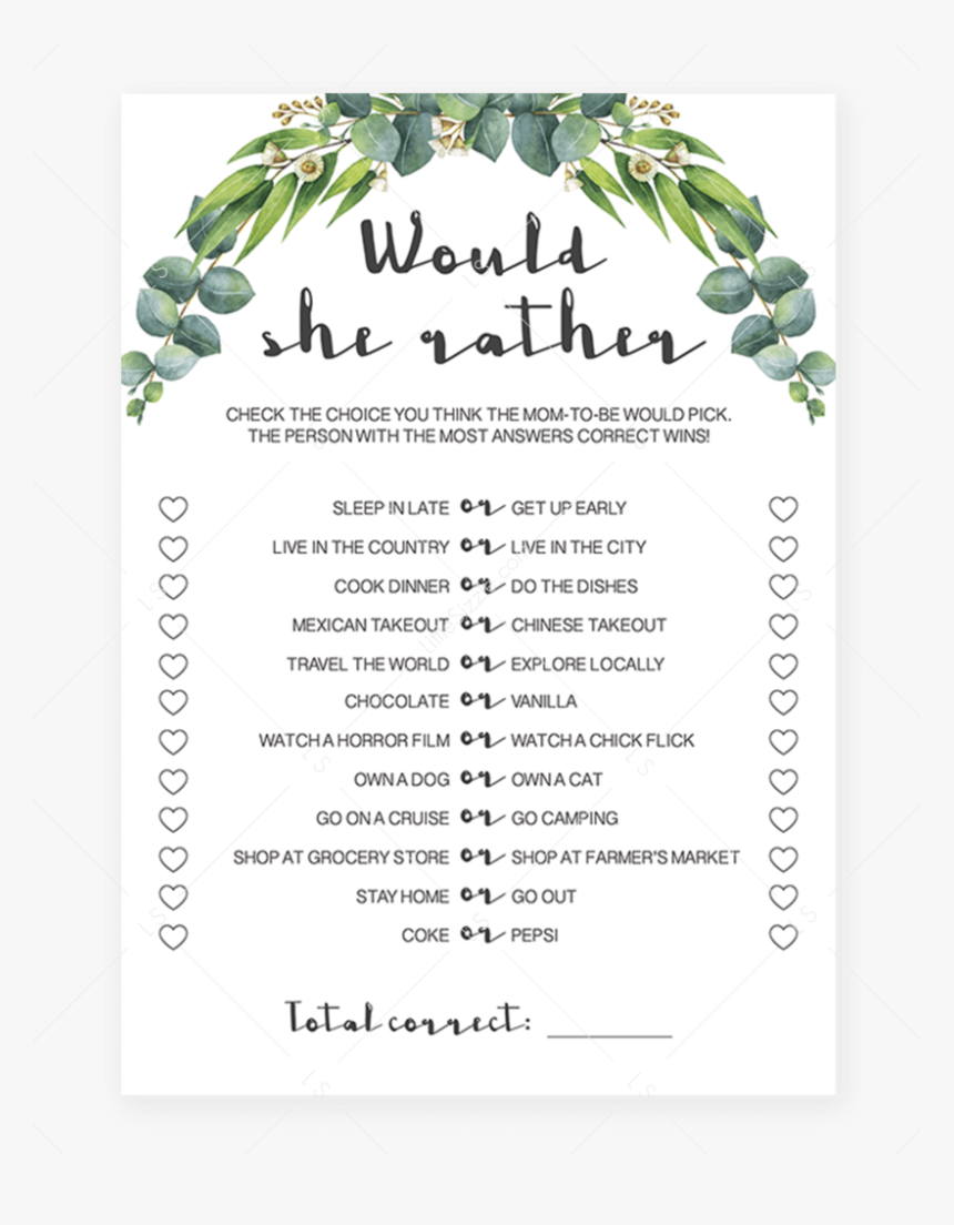 Would She Rather Baby Shower Game Gender Neutral By Would She Rather Free Printable Bridal Shower Game Hd Png Download Kindpng