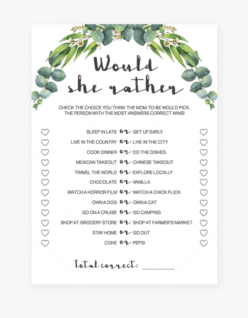 Would She Rather Baby Shower Game Gender Neutral By - Would She Rather Free Printable Bridal Shower Game, HD Png Download, Free Download