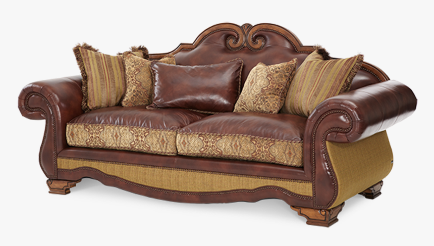 Brown Leather Gold Patterned Fabric High Back Sofa - Couch, HD Png Download, Free Download