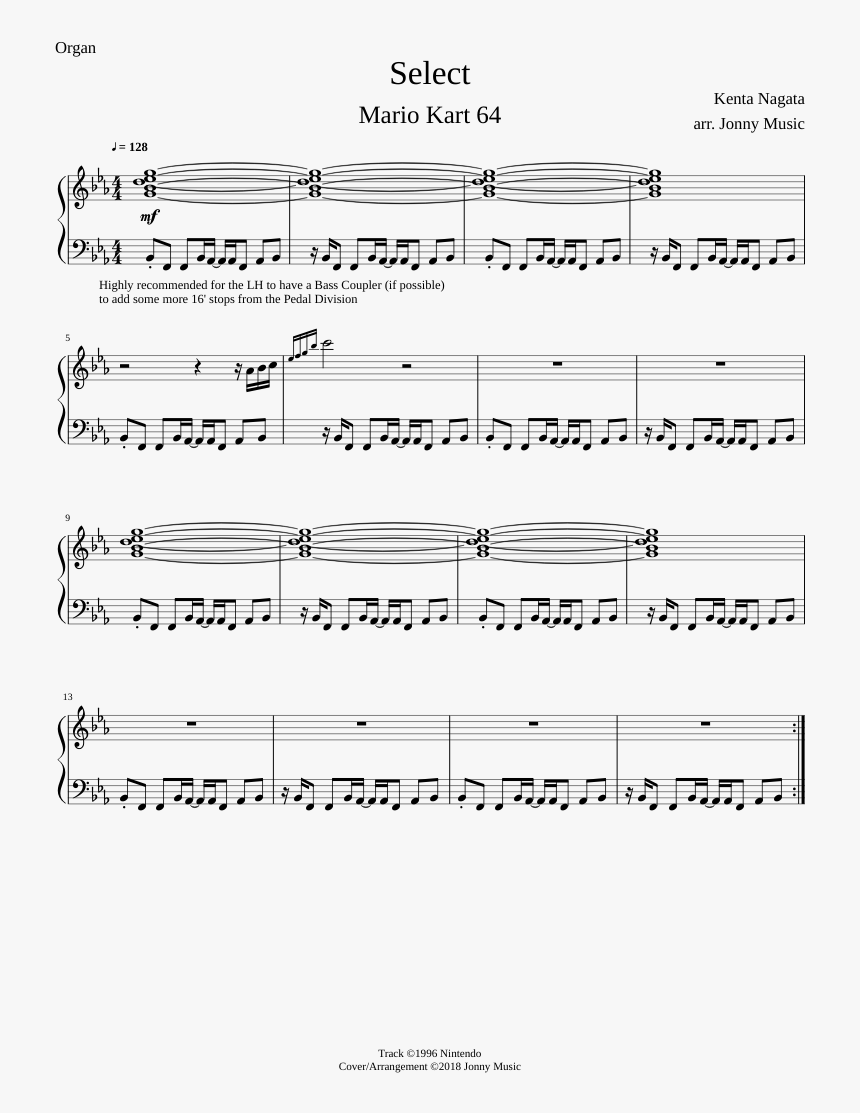 Select Mario Kart 64 Organ Cover Sheet Music For Organ - Colours Of The Wind Flute, HD Png Download, Free Download