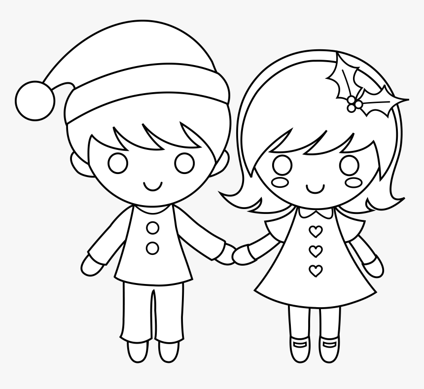 Christmas Kids Line Art Boy And Girl Holding Hands Hd Png