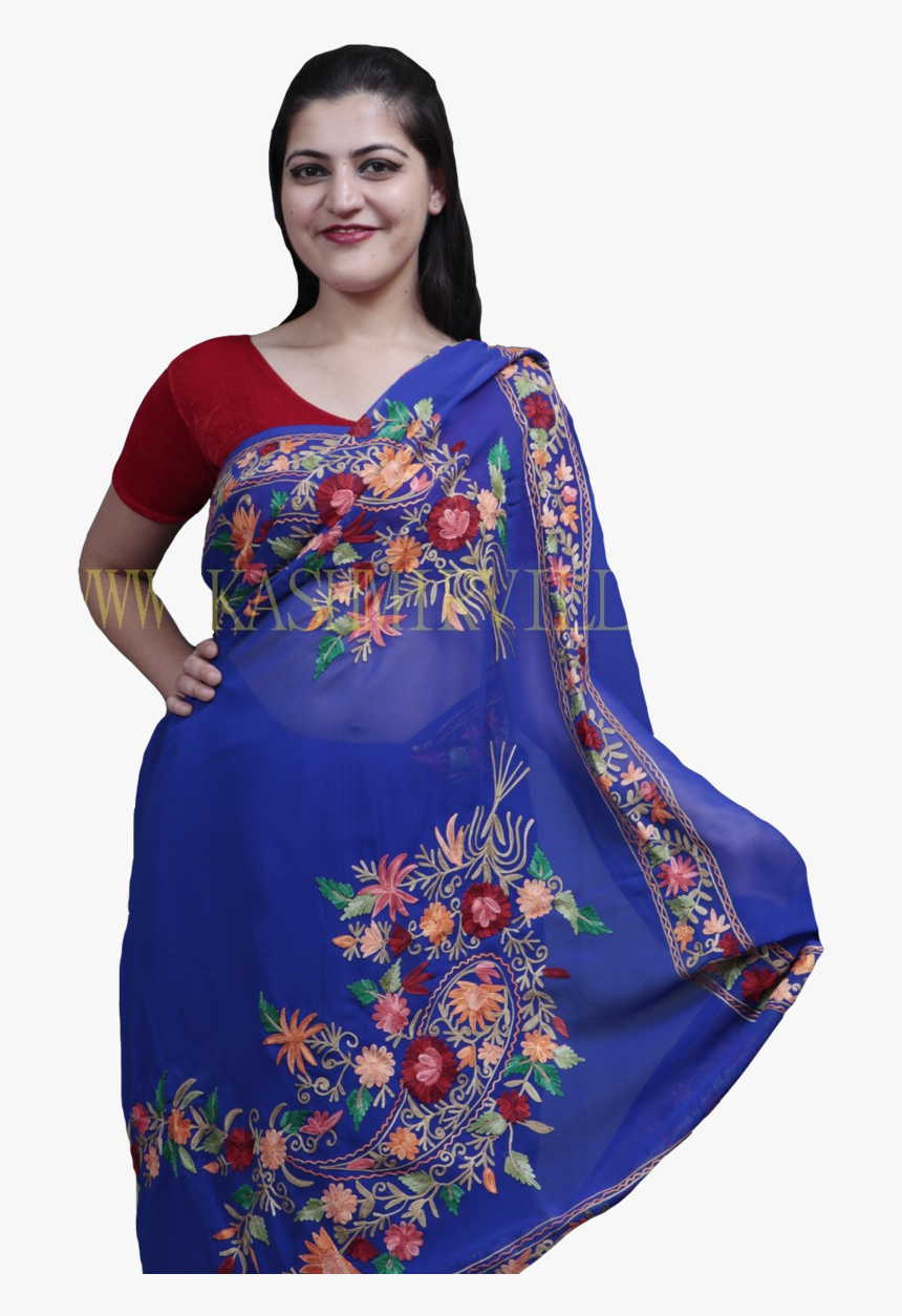Royal Blue Colour Saree With Aari Work Border And Bold - Aari Worked Plain Saree, HD Png Download, Free Download