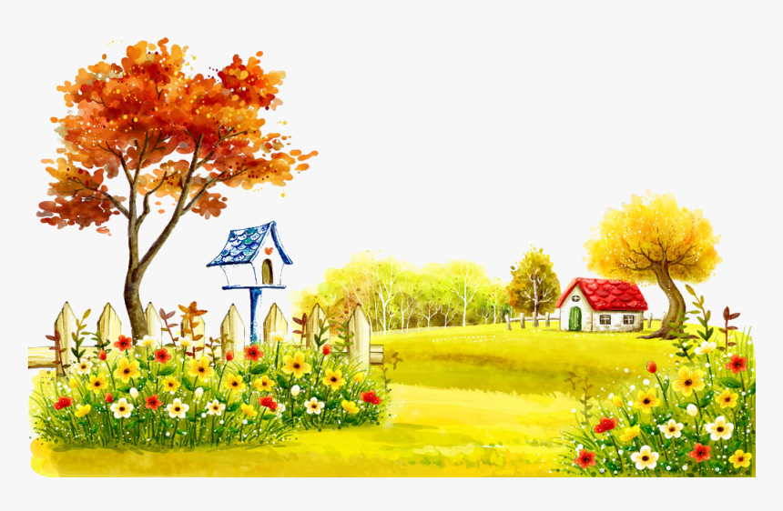 Scenery Theatrical Illustration Autumn Village Painting - Painting Village Flower, HD Png Download, Free Download