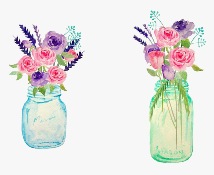 #watercolor #handpainted #flowers #vases #jar #masonjars - Watercolor Flowers In Mason Jar, HD Png Download, Free Download