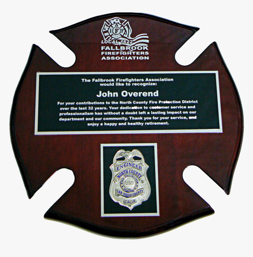 Fallbrook Fire Retirement Plaque - Maltese Cross, HD Png Download, Free Download