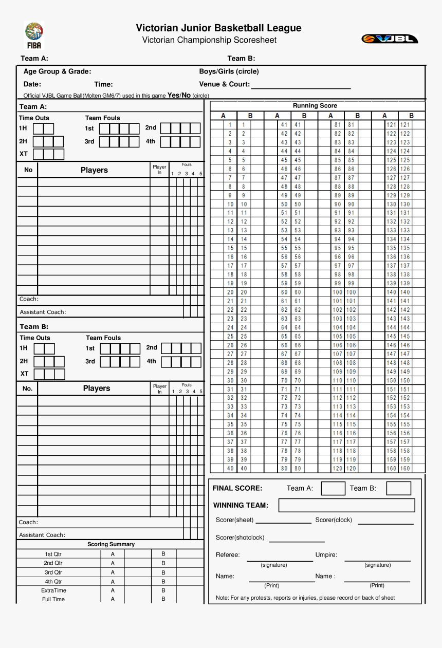 Junior Basketball Score Sheet Main Image - Basketball Score Sheet Juniors, HD Png Download, Free Download