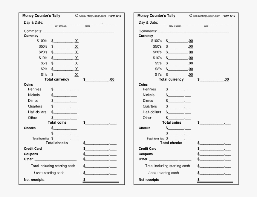 Money Counter"s Tally - Drawer Count Cash Register Till Balance Shift Sheet, HD Png Download, Free Download