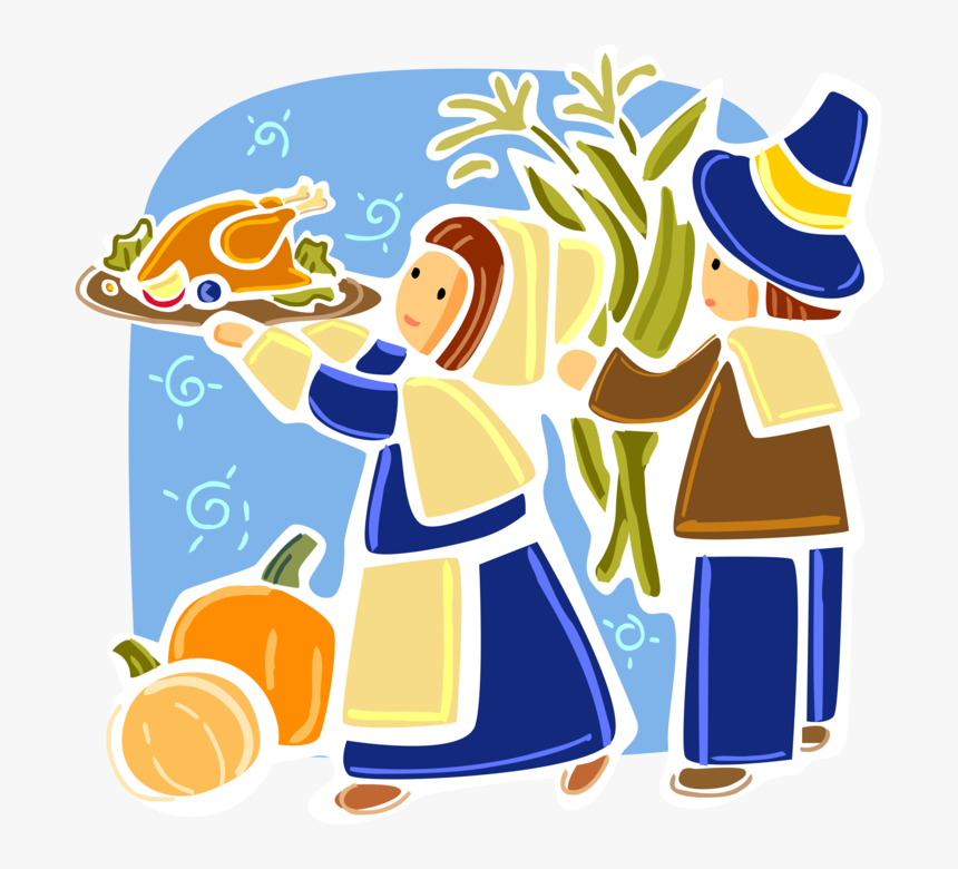 Vector Illustration Of Mayflower Pilgrim Pioneers Celebrate - Thanksgiving With Blue Clip Art, HD Png Download, Free Download