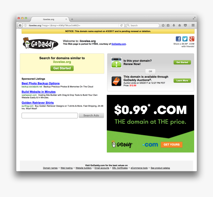 A Screen Shot Showing The Ilovelee - Godaddy, HD Png Download, Free Download