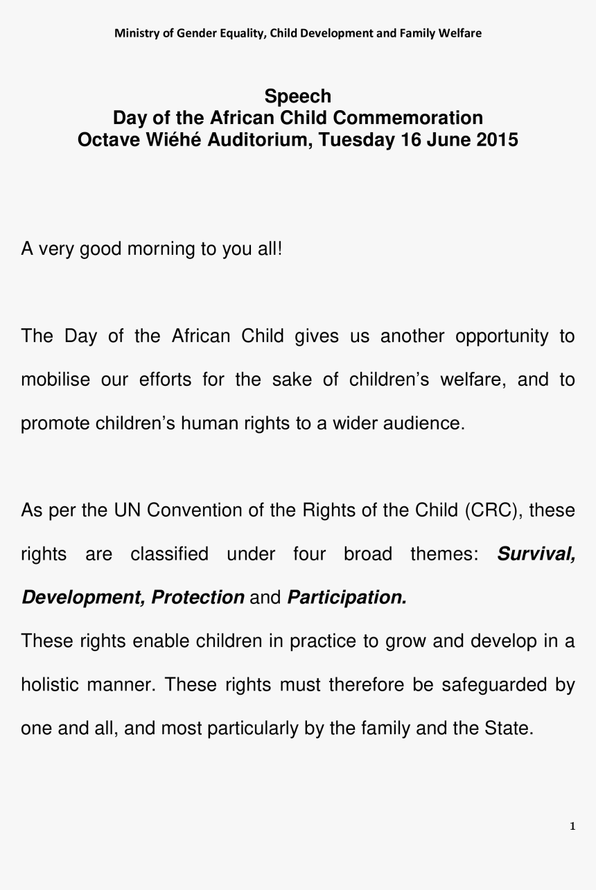 Speech For The Minister, Day Of African Child Main - Manuscript Speech Example Love, HD Png Download, Free Download