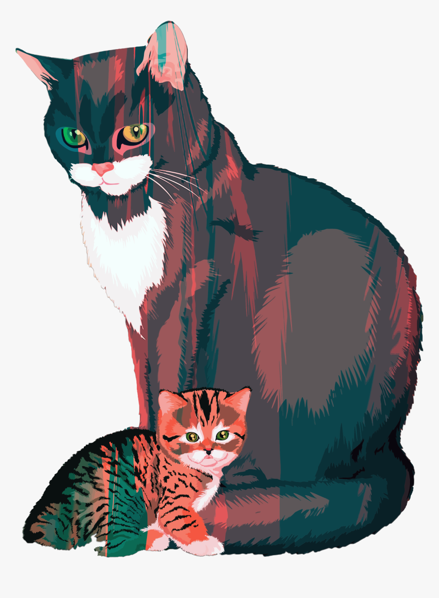 Kitten And Mother Illustration Clip Arts - Cat, HD Png Download, Free Download