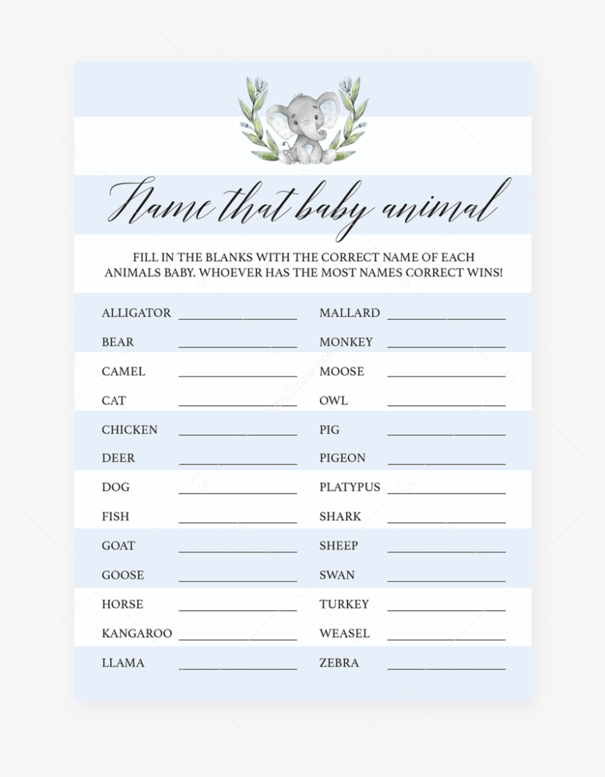 Elephant Baby Shower Games Printable Name That Baby Protea Hd Png Download Kindpng