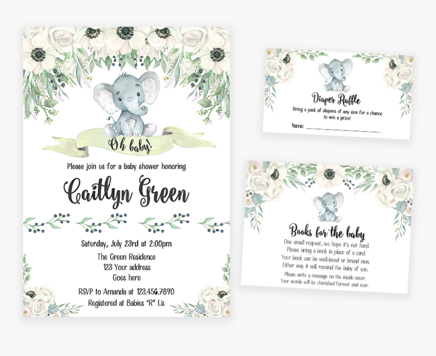 White Floral Gender Neutral Elephant Baby Shower Invitation - Gender Neutral Baby Shower Border Clipart, HD Png Download, Free Download