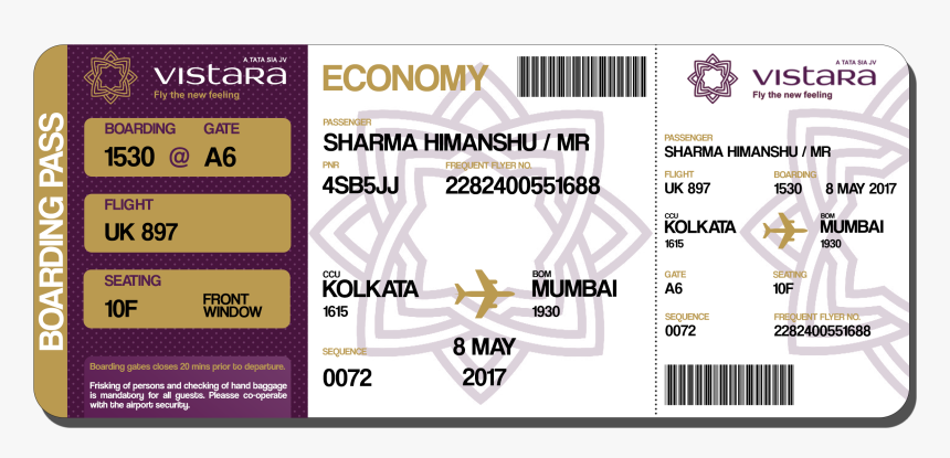 Vistara Flight Boarding Pass, HD Png Download, Free Download