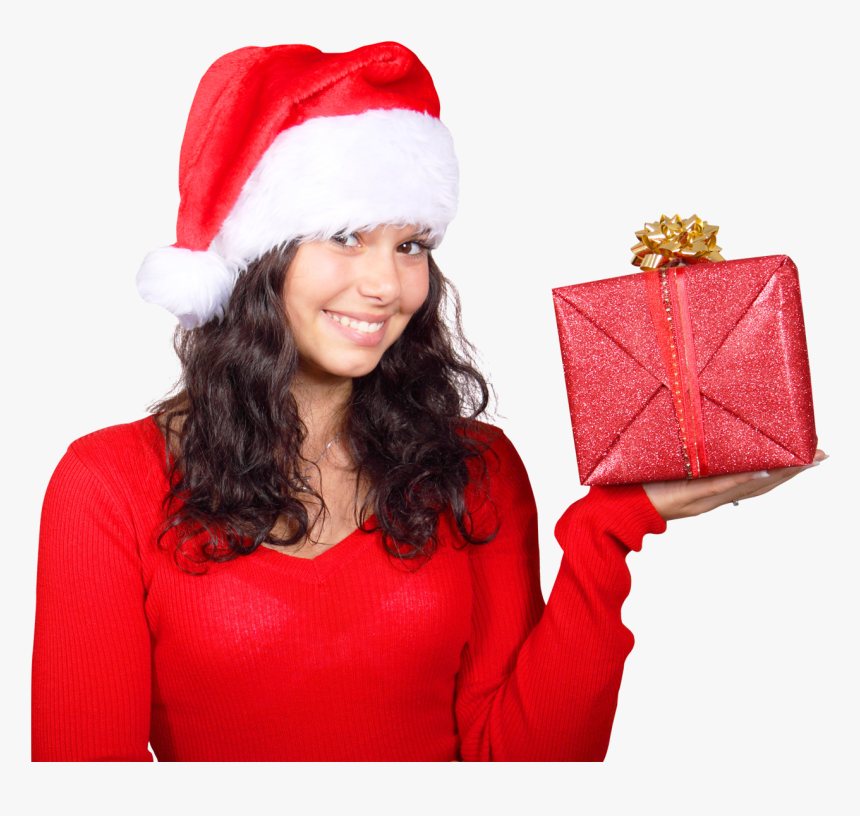 Smiling Woman In Red Santa Claus Hat With Gift Box - Lady Santa Claus Png, Transparent Png, Free Download