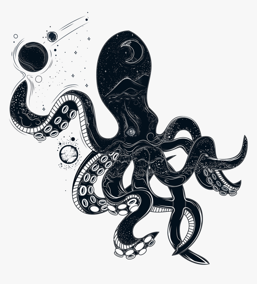 Black Octopus - Octopus Drawing In Space, HD Png Download, Free Download