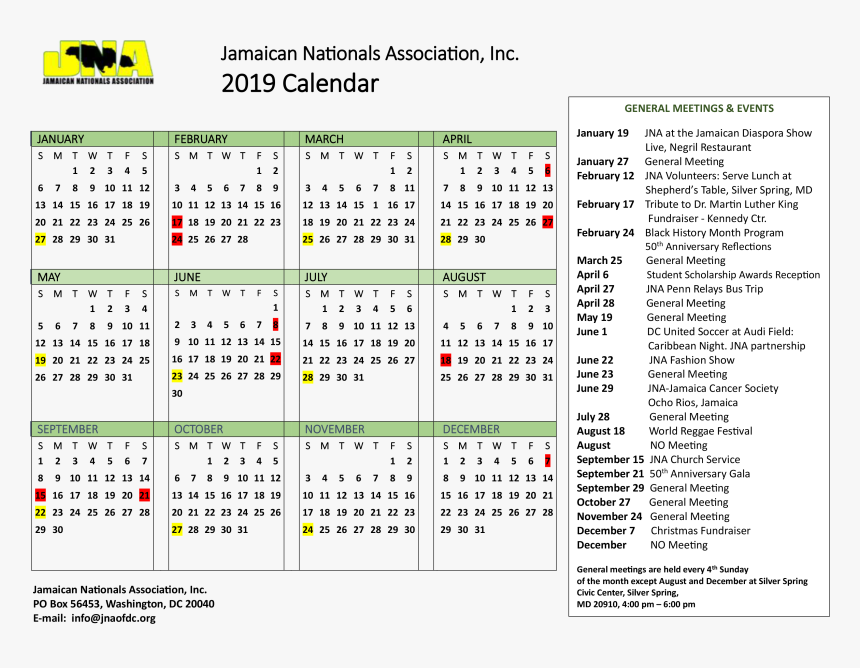 Jamaican Nationals Association - 2019 Calendar With Indian Holidays, HD Png Download, Free Download