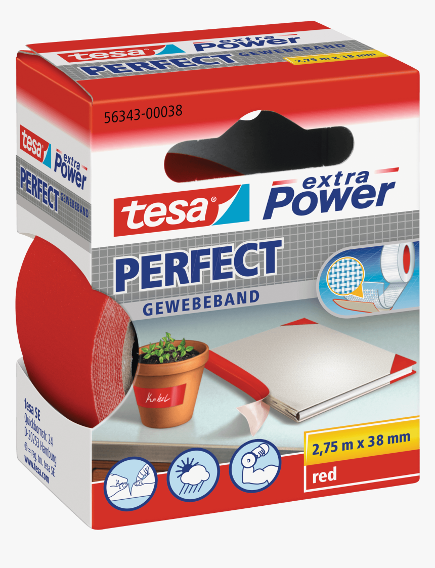 Tesa Extra Power Cloth Tape, 38 Mm, Red Tesa - Perfect Gewebeband, HD Png Download, Free Download