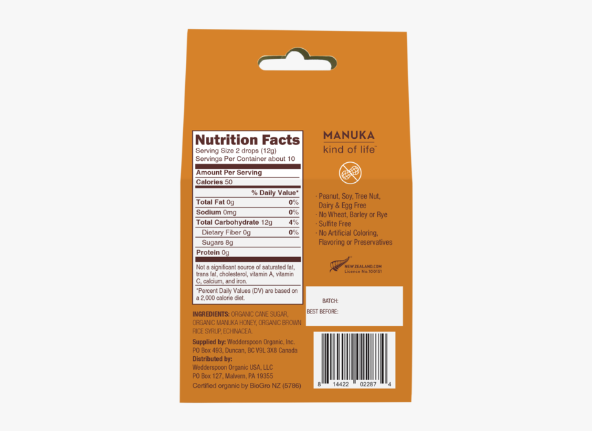 Organic Manuka Honey Drops - Nutrition Facts, HD Png Download, Free Download