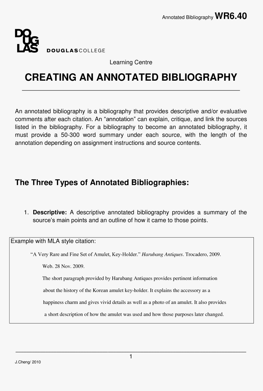 Creating An Annotated Bibliography Generator Sample - Douglas College, HD Png Download, Free Download