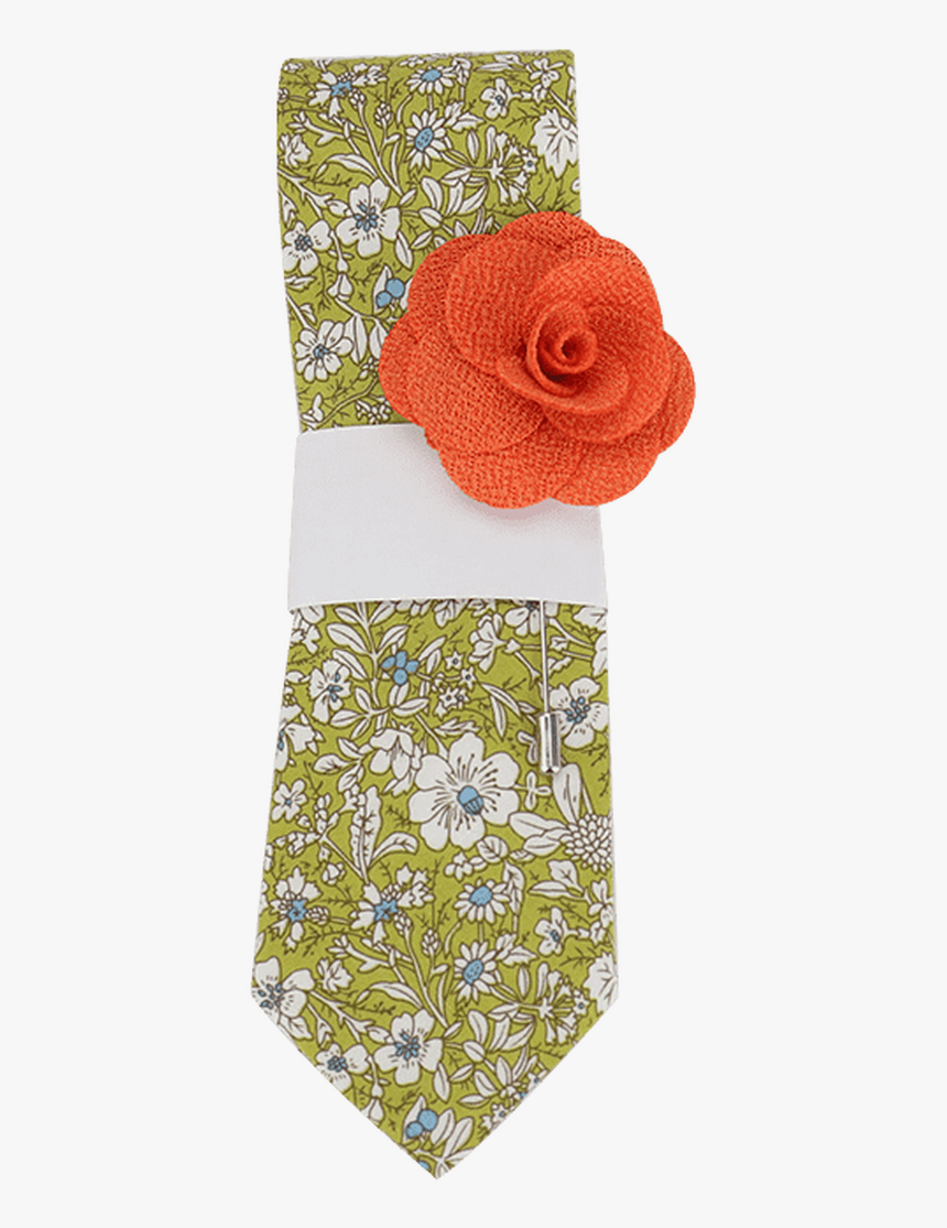Green Floral Print Tie With Orange Lapel Pin - Artificial Flower, HD Png Download, Free Download