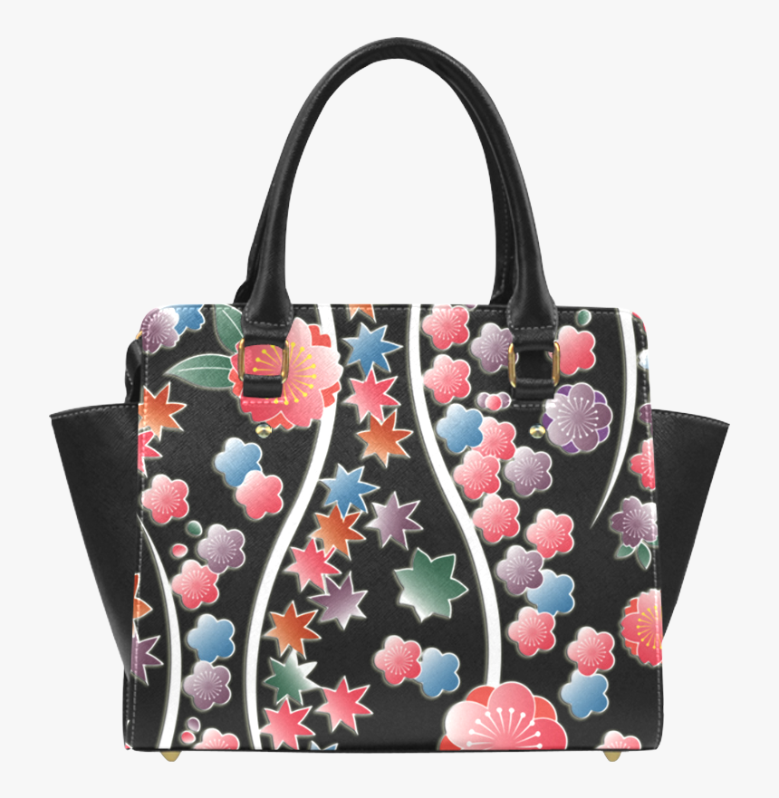 Bright Flowers And Leaves On Black Background Striking - Handbag, HD Png Download, Free Download
