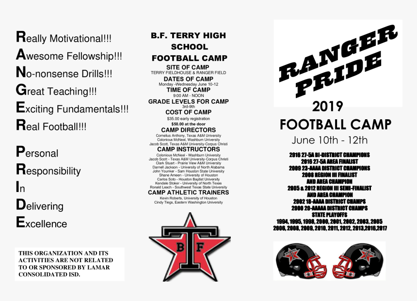 2019 Ranger Football Camp - B. F. Terry High School, HD Png Download, Free Download