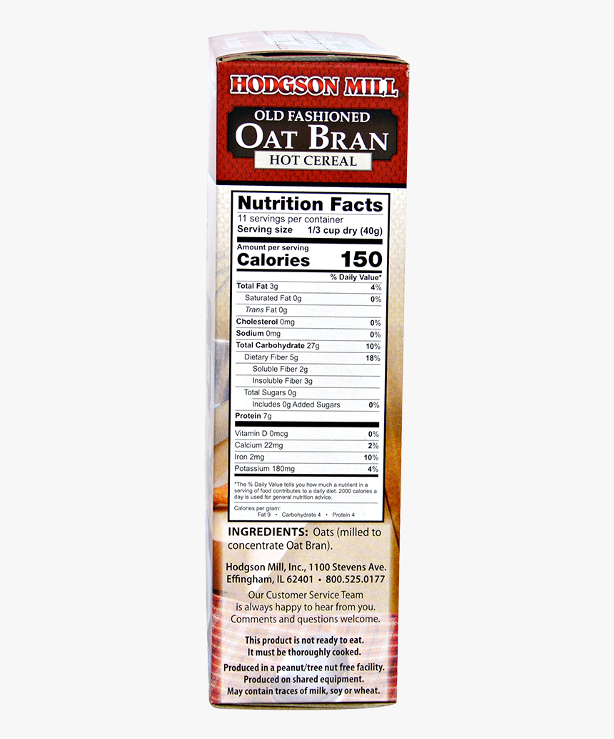 Oat Bran Cereal - Quaker Oat Bran Nutrition Label, HD Png Download, Free Download