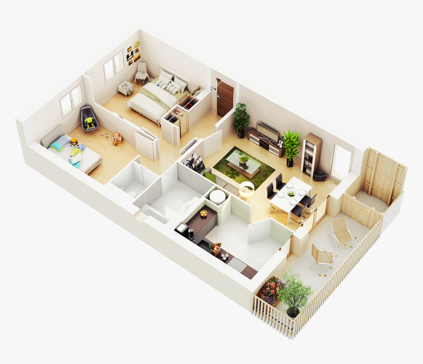 2 Bedroom House Plans 3d, HD Png Download - kindpng