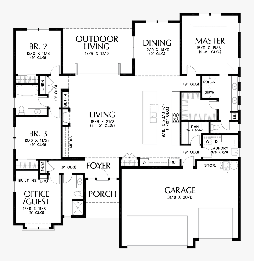 Main Floor Plan Image For Mascord Erwin, Free 4 Bedroom Ranch House Plans