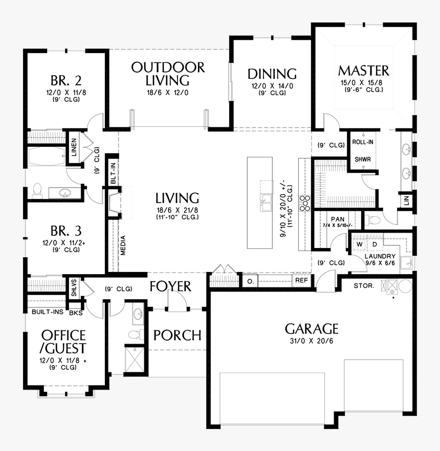 Main Floor Plan Image For Mascord Erwin Modern Home - 2 Bedroom Modern Ranch Floor Plans, HD Png Download, Free Download