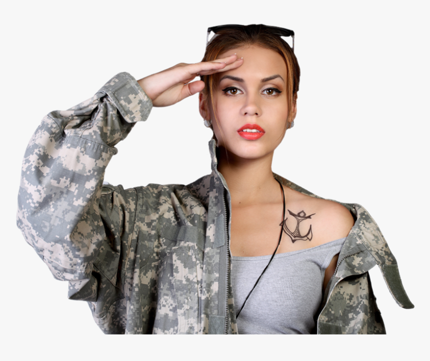 Girl In Camo Jacket Saluting With Shoulder Tattoo - Tatuaż Jaskółka Wzory, HD Png Download, Free Download