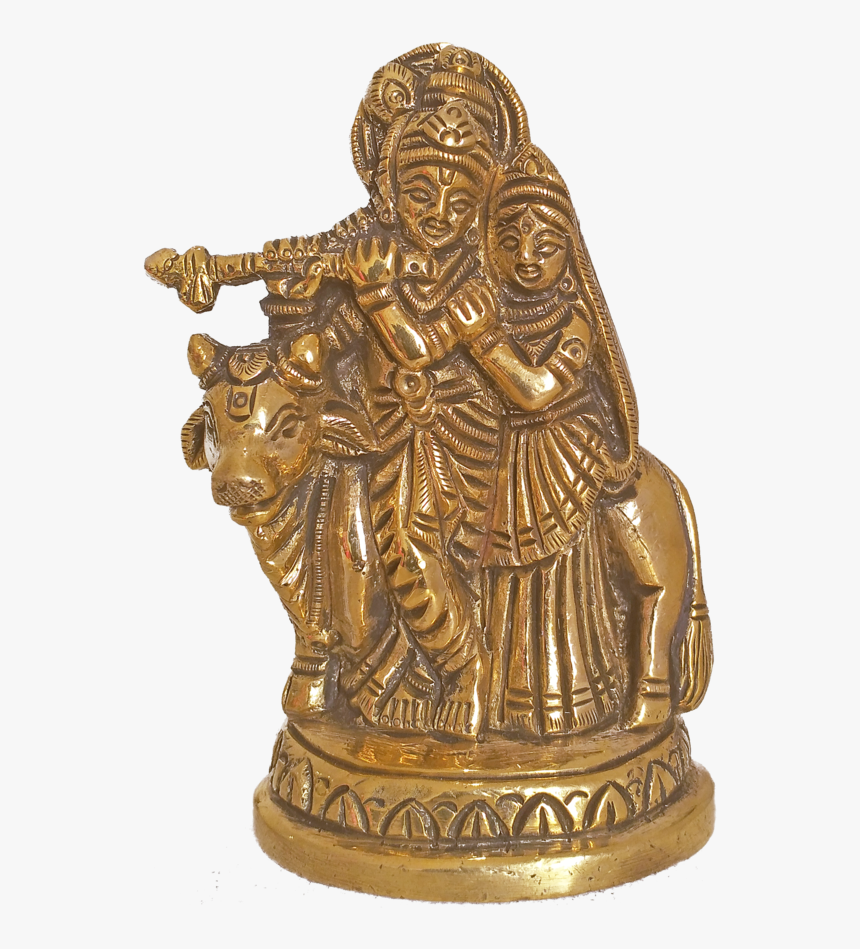 Brass Idol Of Radha Krishna Playing Flute With Cow, - Bronze Sculpture, HD Png Download, Free Download