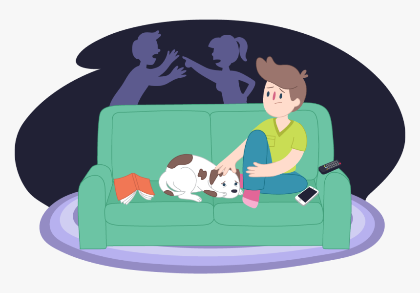 Sad Boy And His Dog On Couch, Parents Fighting In Background - Domestic Violence Kids Helpline Australia, HD Png Download, Free Download