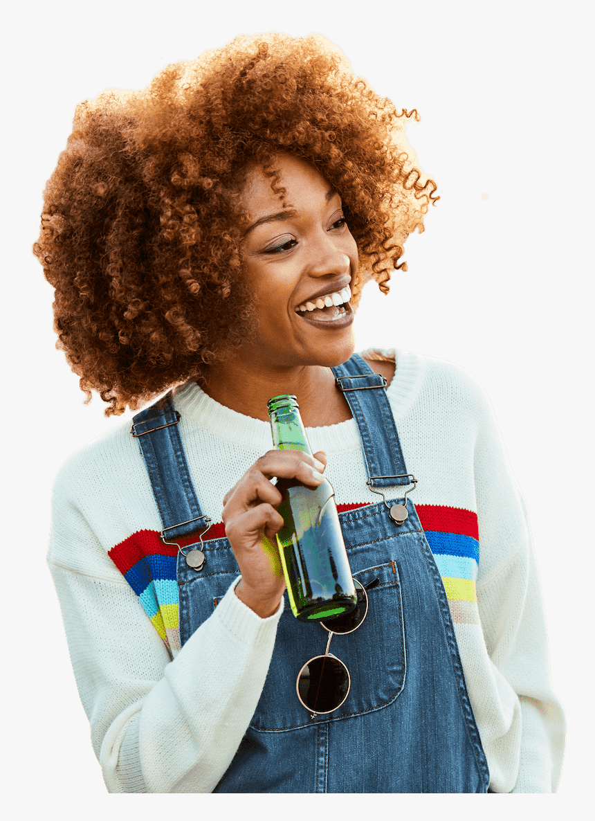 Girl Wearing Overalls And Smiling While Holding A Beer - African American Male Drinking Soda Png, Transparent Png, Free Download