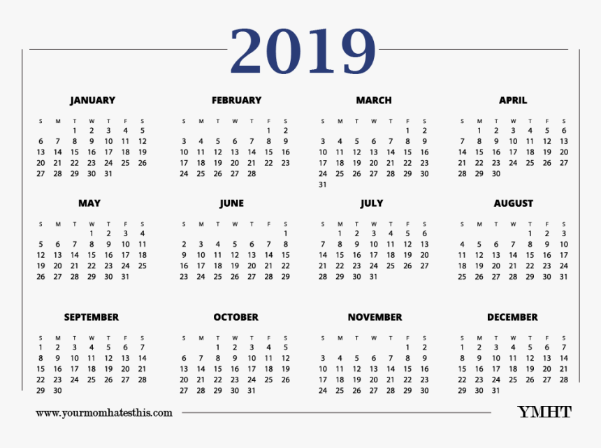 Download 2019 Calendar New Transparent Design - 2019 Printable Calendar One Page, HD Png Download, Free Download