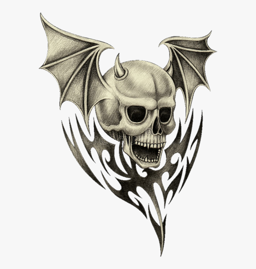 Transparent Evil Skull Clipart - Skull With Wings Drawing Easy, HD Png Download, Free Download