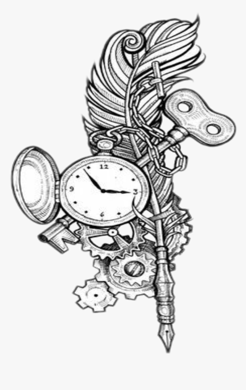 Sticker Freetoedit Tattoo Feather Clock Key Png Drawing - Pocket Watch Coloring Pages, Transparent Png, Free Download