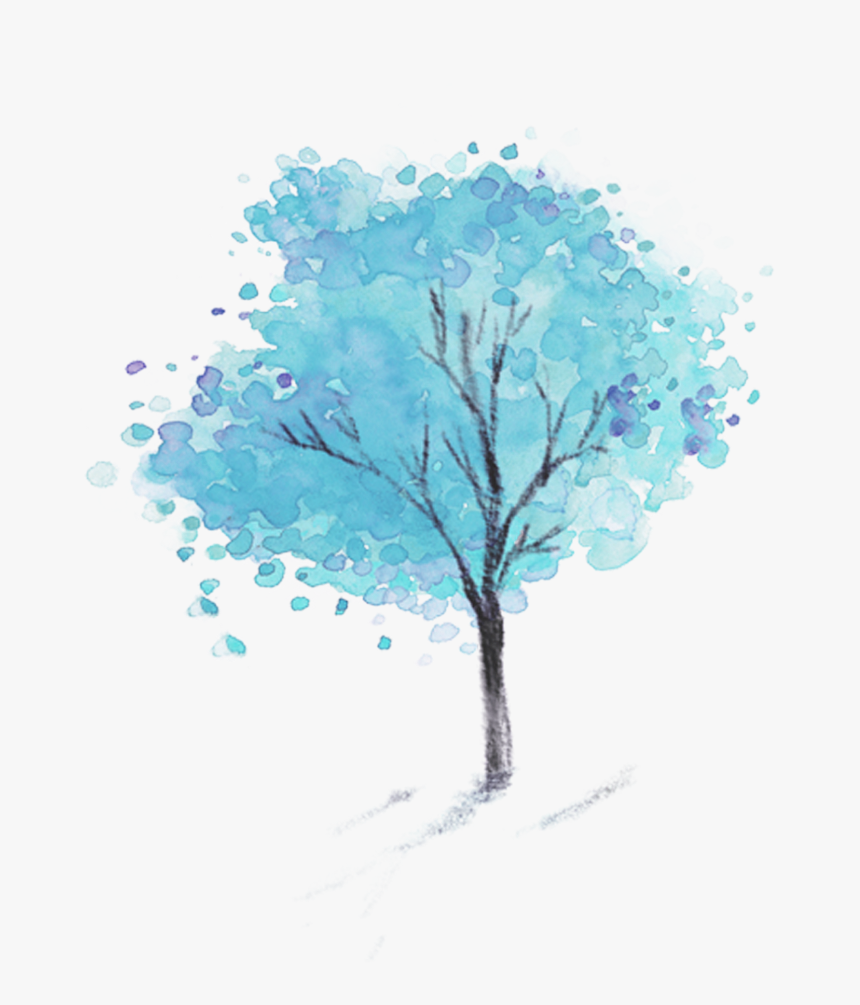 Ftestickers Watercolor Tree Blue - Lukisan Cat Air Sederhana, HD Png Download, Free Download