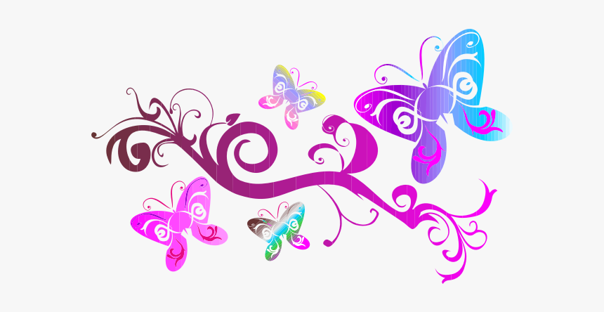 Colorful Flourish With Pink Butterfly Illustration - Free Clip Art Butterfly Flourishes, HD Png Download, Free Download