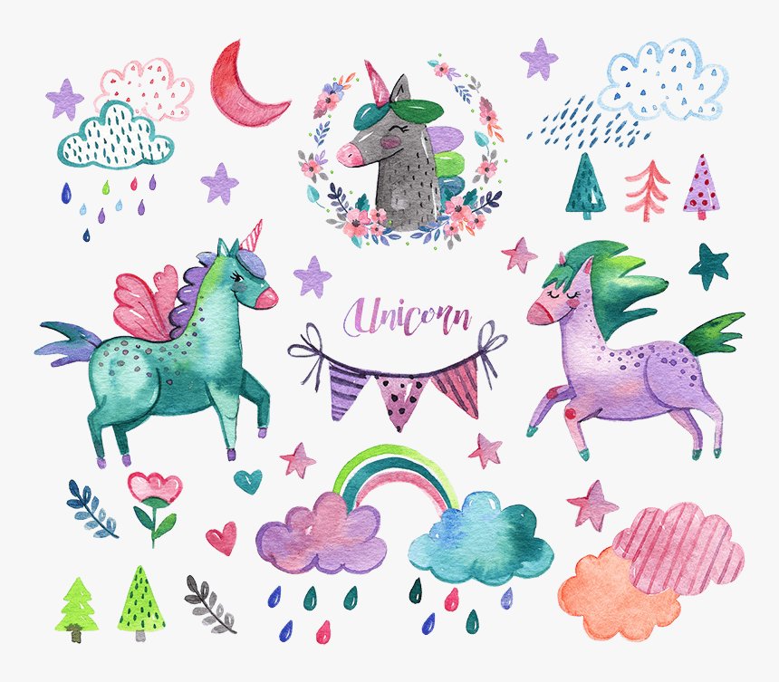 Watercolor Unicorn Elements Png Psd K589 - Baby Shower Girl Watercolor, Transparent Png, Free Download