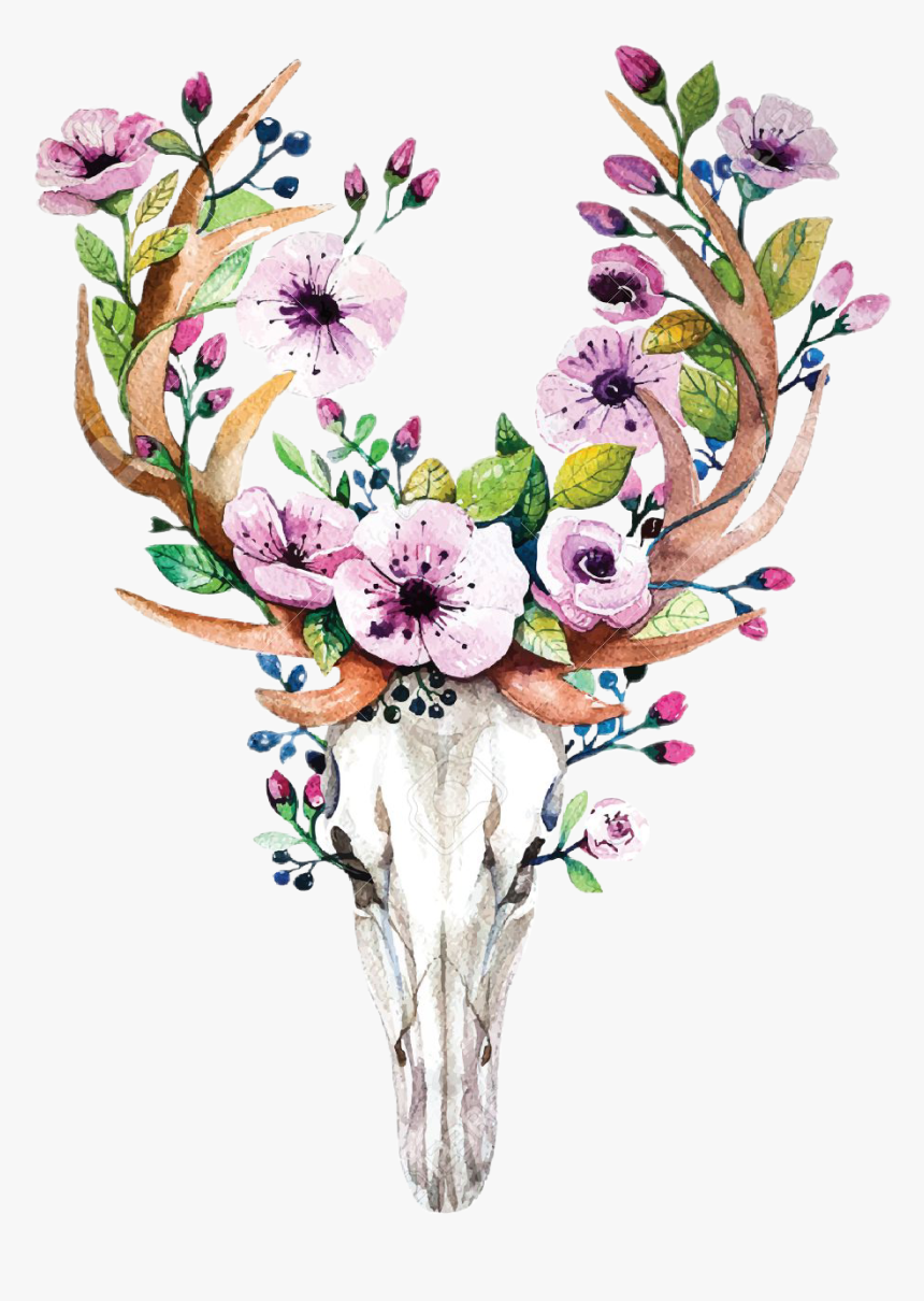 Deer Head With Flowers , Png Download - Watercolor Deer Skull With Flowers, Transparent Png, Free Download