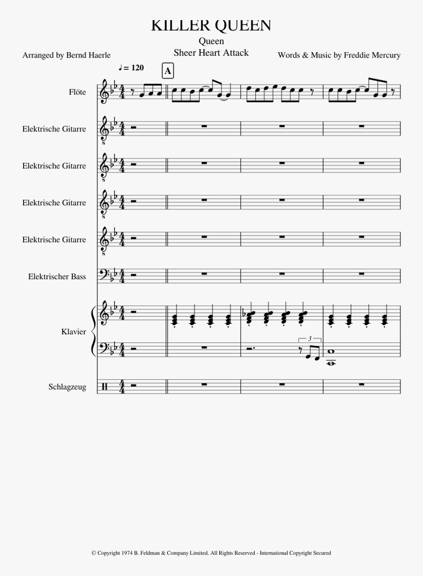 Killer Queen Sheet Music For Flute, Piano, Guitar, - Killer Queen Flute Sheet Music, HD Png Download, Free Download
