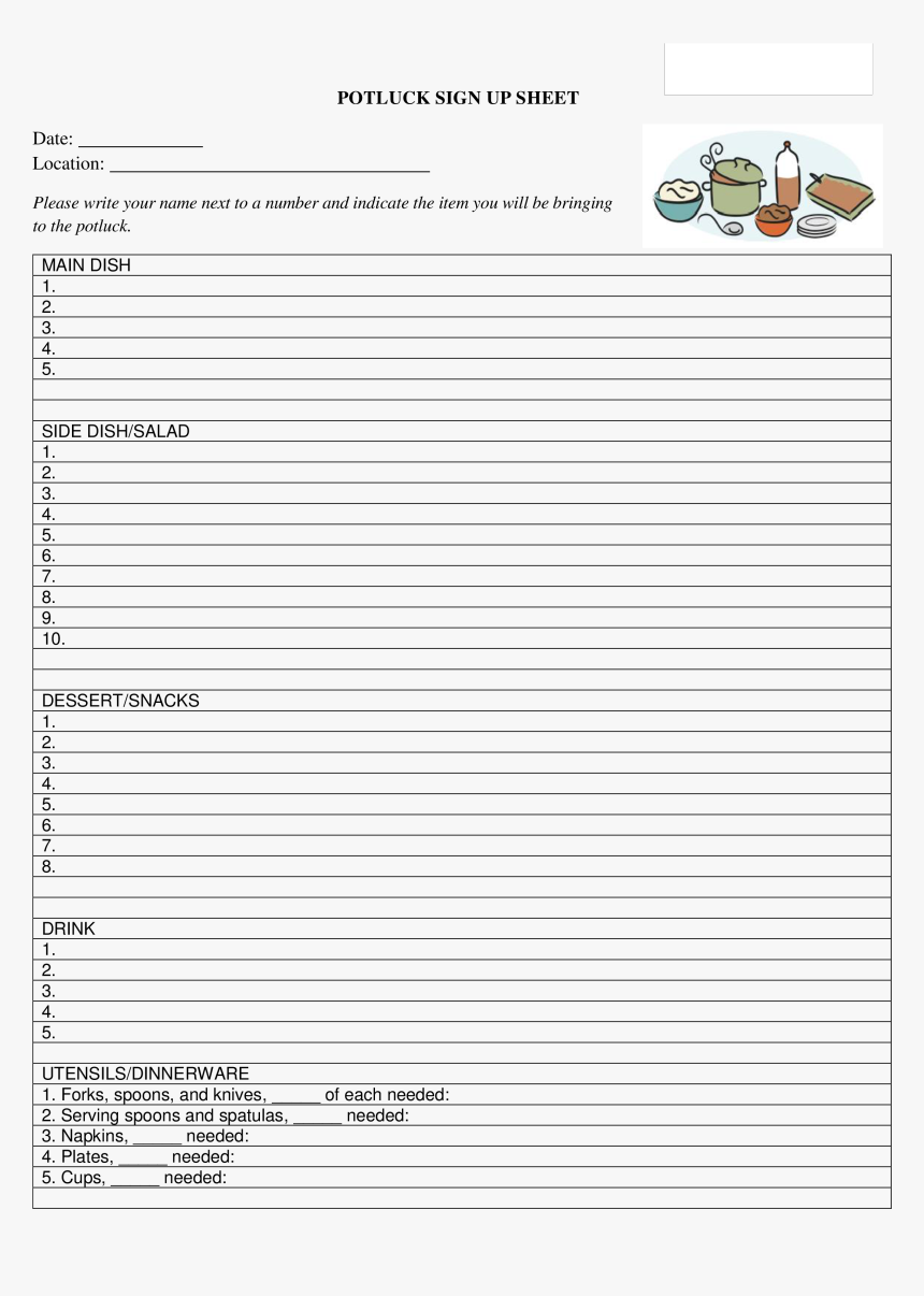 Potluck Signup Sheet Main Image - Printable Sign Up Sheet Template Word, HD Png Download, Free Download