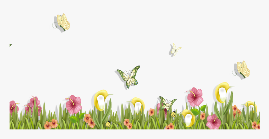 Grass With Butterflies And Flowers Png Clipart Spring, Transparent Png, Free Download