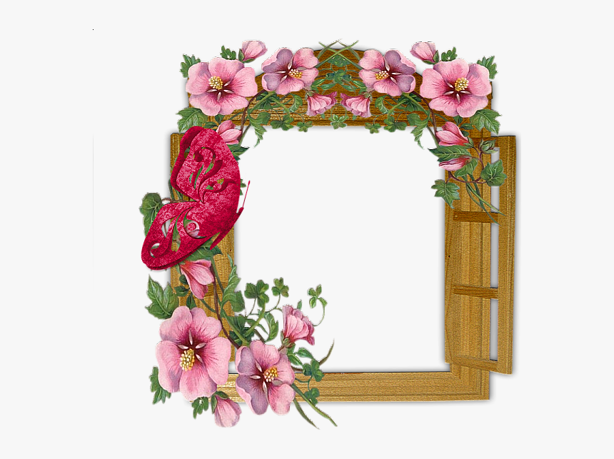 Wooden Winow With Flowers And Butterfly Transparent - Download Flowers Photo Frame, HD Png Download, Free Download
