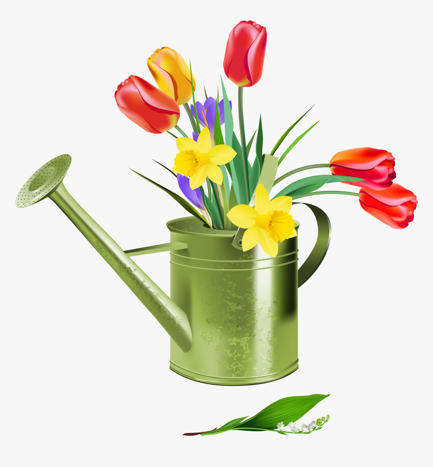 Green Watering Can With Spring Flowers Png Clipart - Free Clip Art Spring Flowers, Transparent Png, Free Download