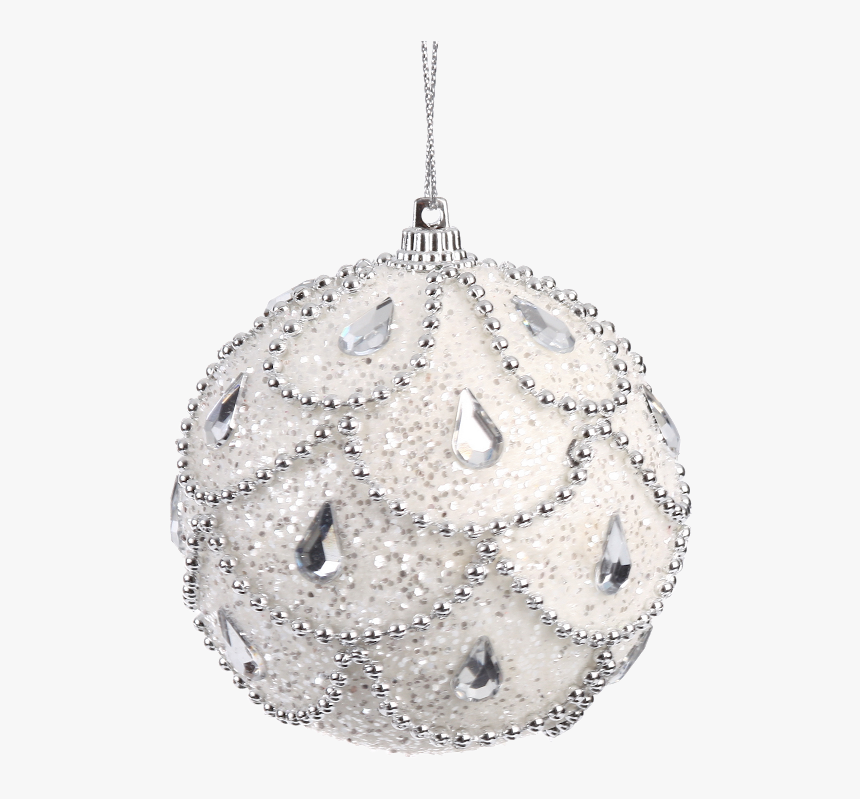 8cm Hanging Ball Silver And White Xmas Baubles, Beaded - White Hanging Christmas Ball, HD Png Download, Free Download