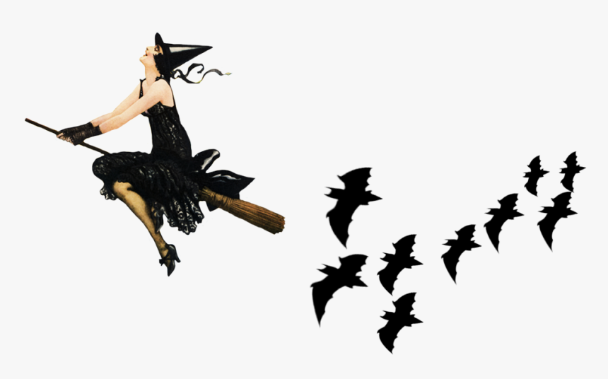 Vintage Witch Followed By Black Bats - Vintage Witch Flying, HD Png Download, Free Download